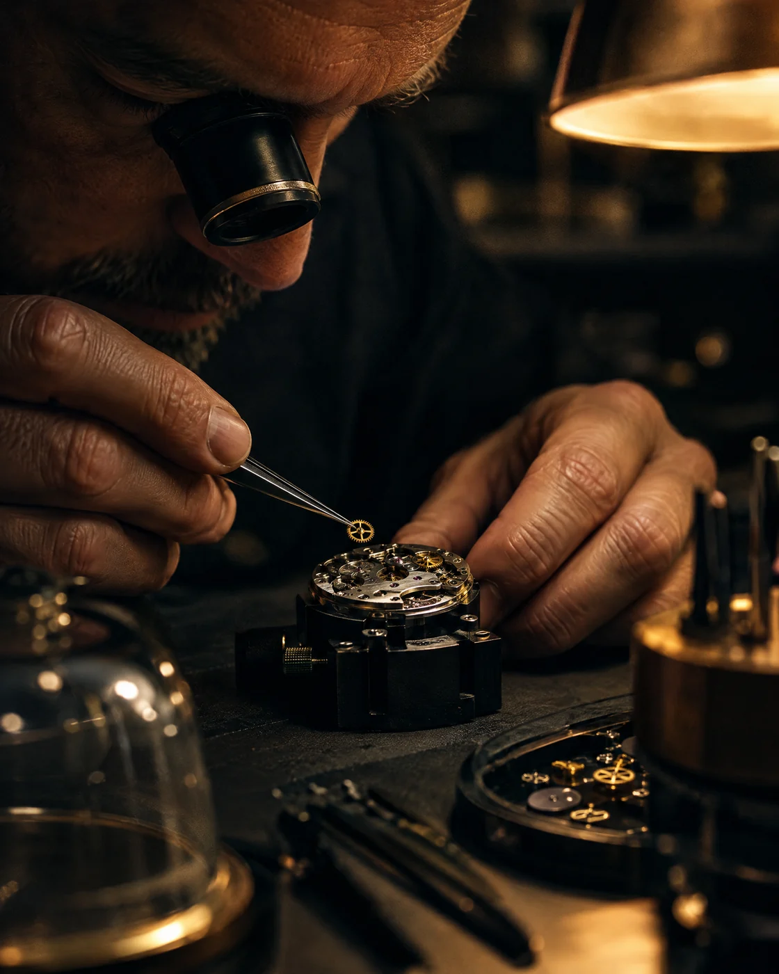 Watchmaker with loupe and tweezers placing a gold wheel