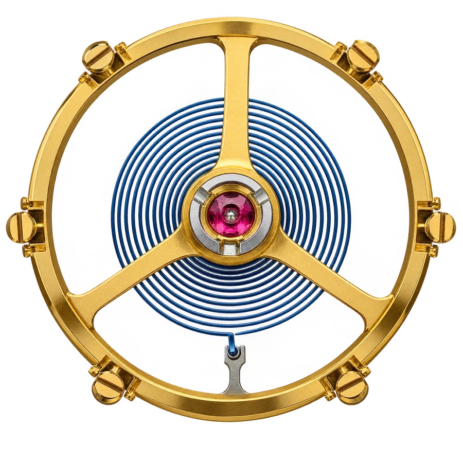 Gold balance wheel with blued hairspring