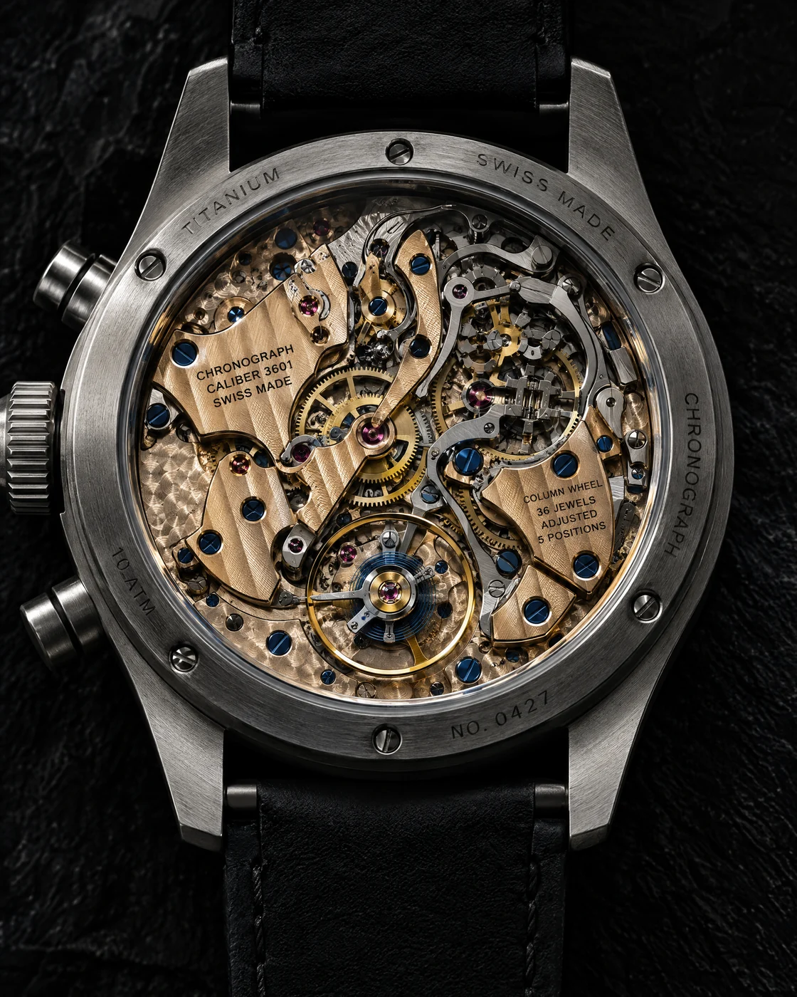 AU 3601 movement seen through a sapphire caseback