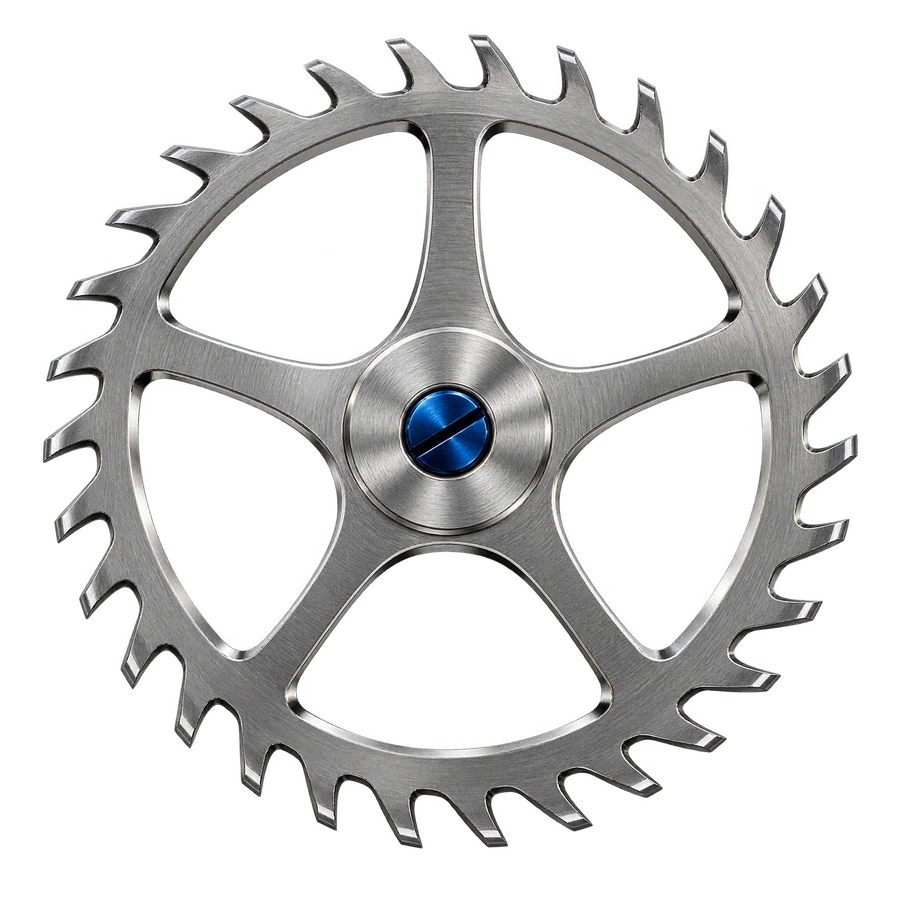 Rhodium-plated steel escape wheel with blued screw