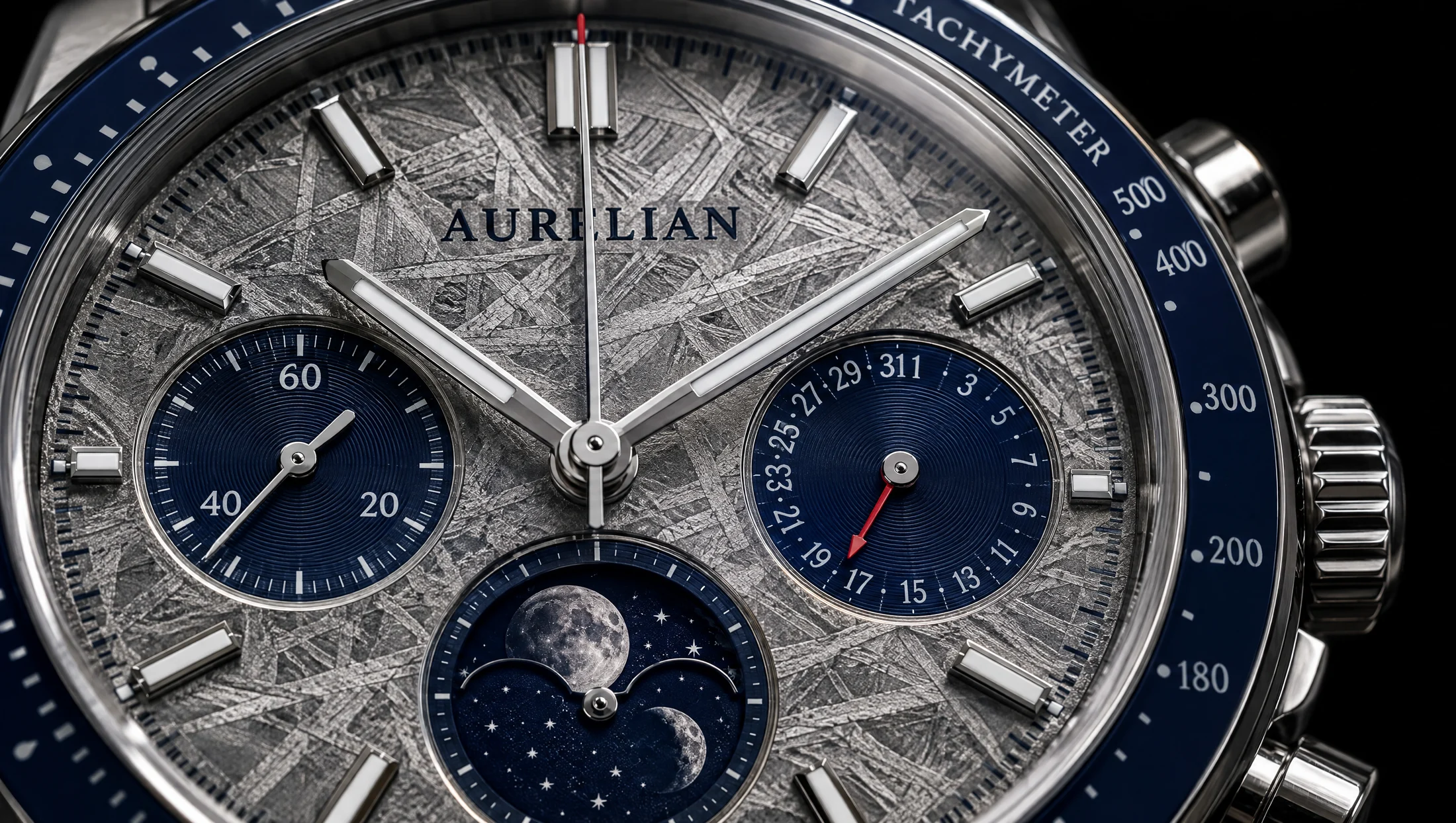 Macro of the Lunaris meteorite dial, moonphase and navy subdials